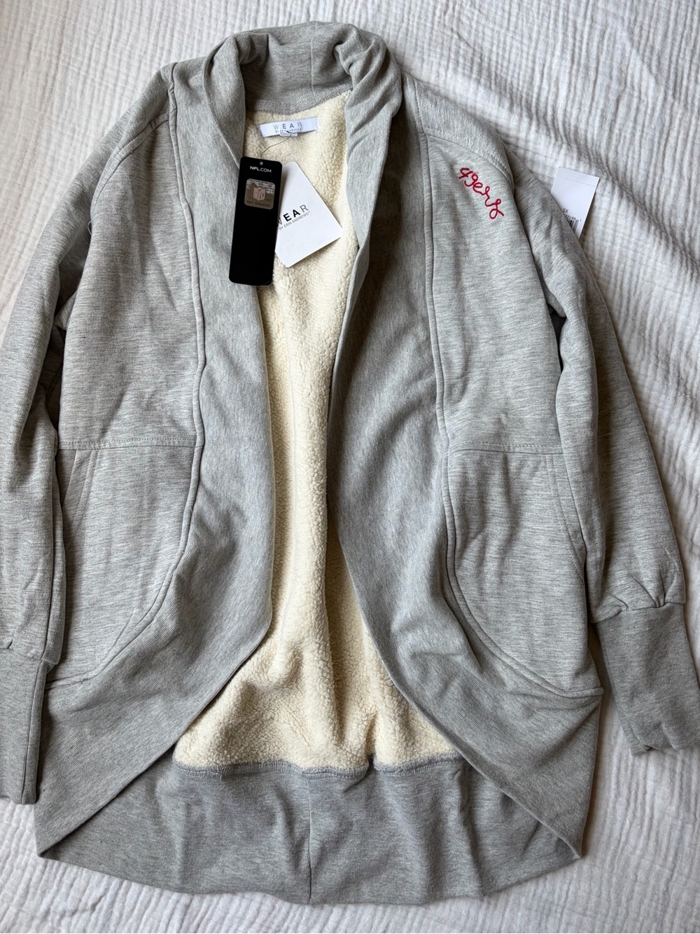 NEW XS NFL 49ers Cozy Grey Sherpa-Lined Women's Cardigan